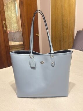Coach Powder Blue Leather Tote with Branded Tag